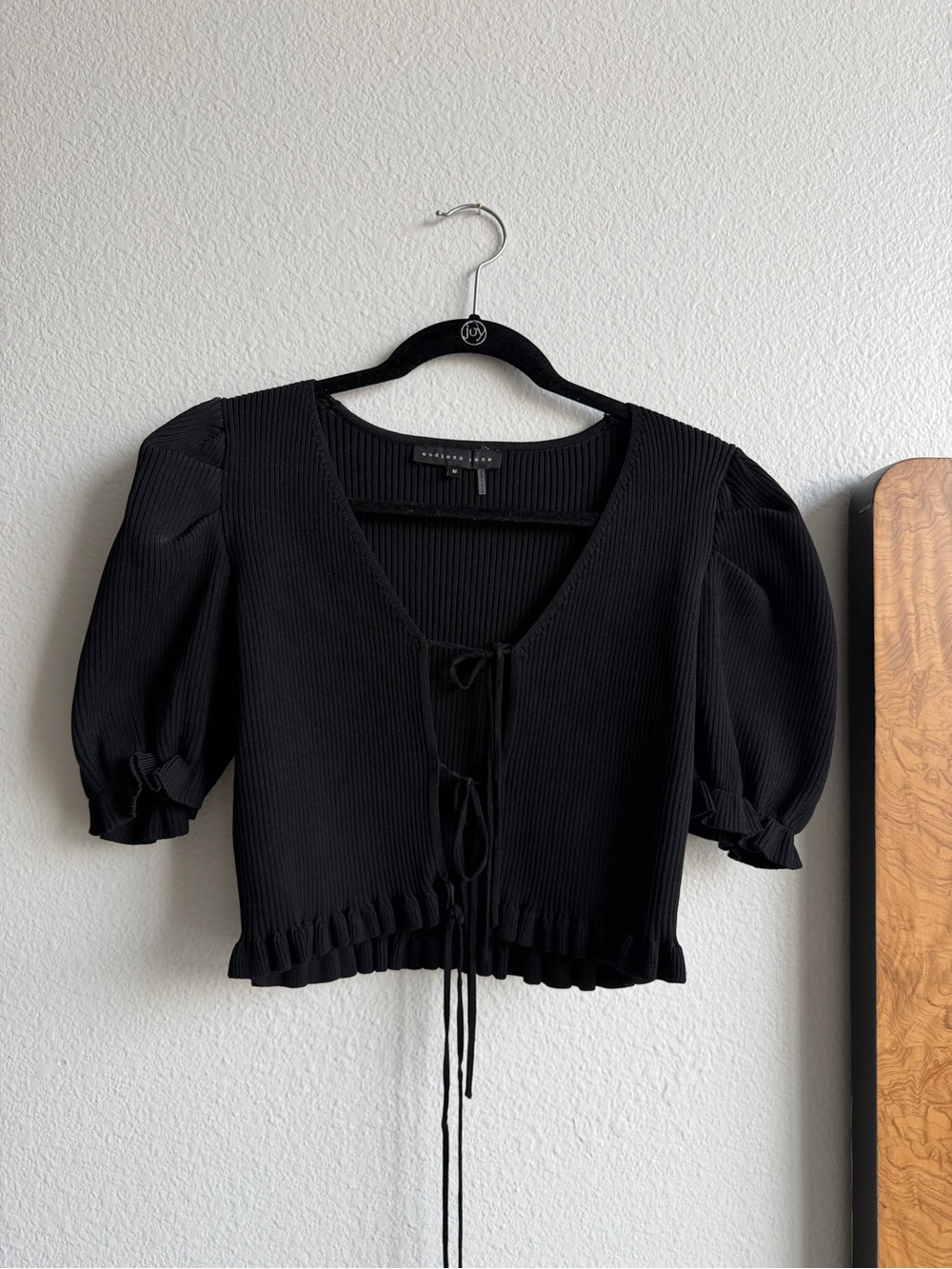 Endless Rose Black Ribbed Tie-Front Puff Sleeve Crop Top